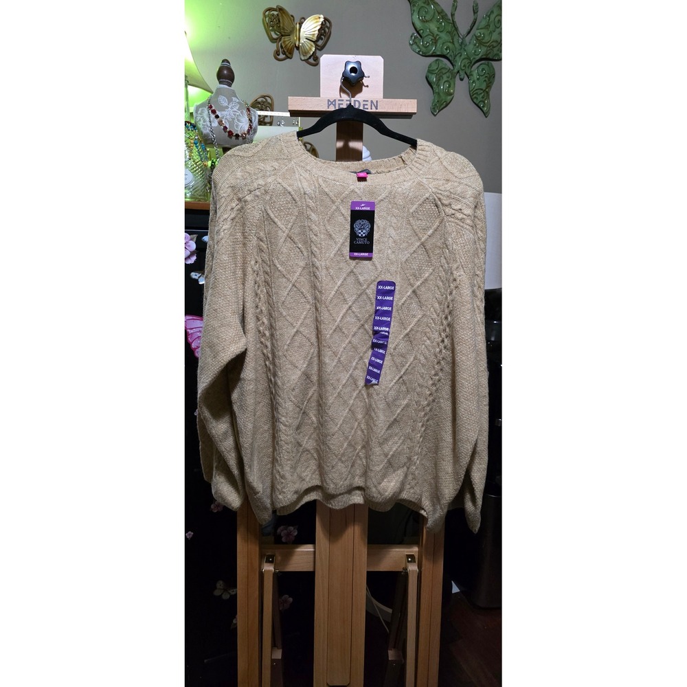 Vince Camuto Women Tan Beige Cable Knit Crew Neck Sweater XXL NWT